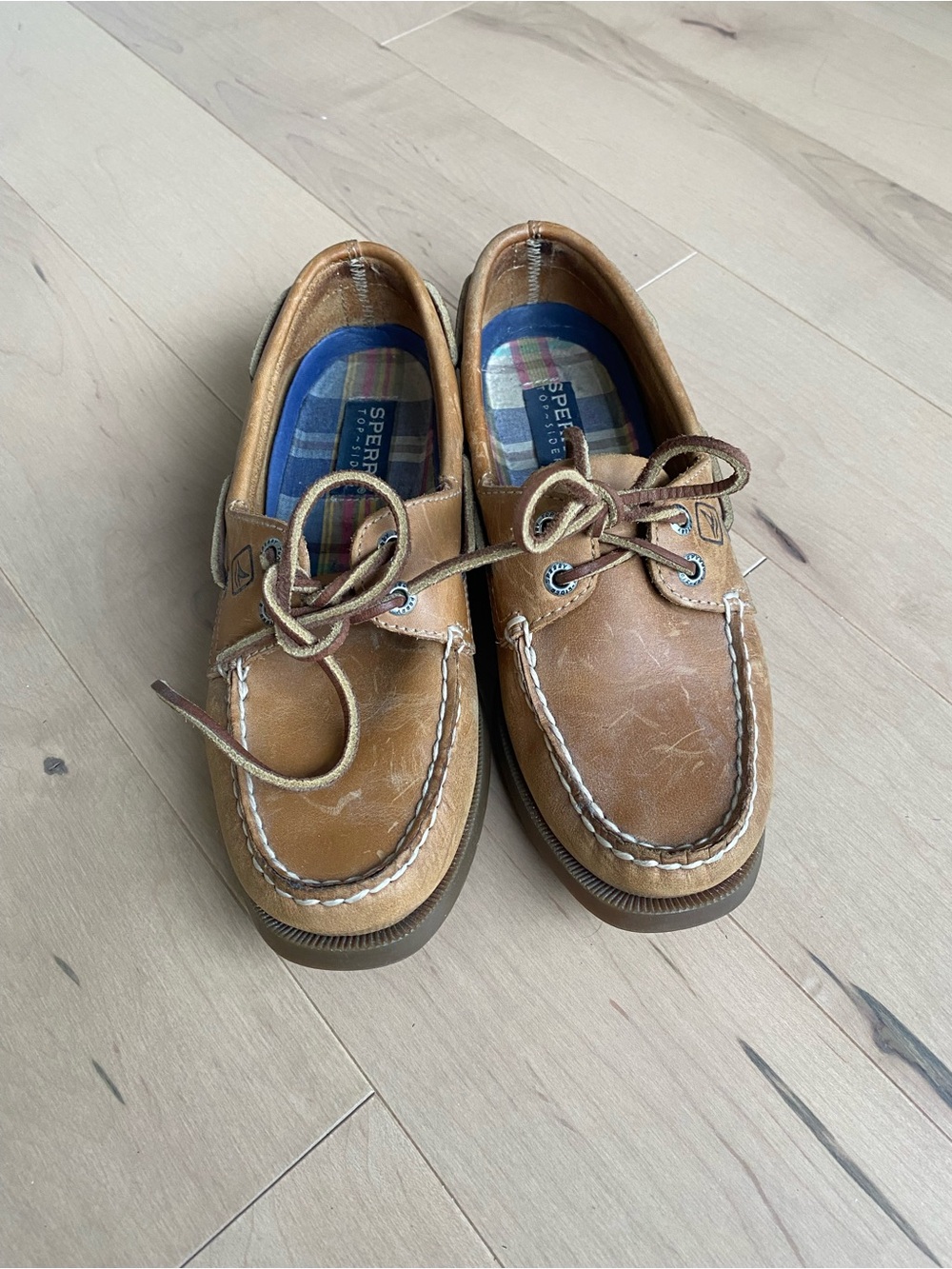 Sperry Tan Leather Lace-Up Boat Shoes with Plaid Insole